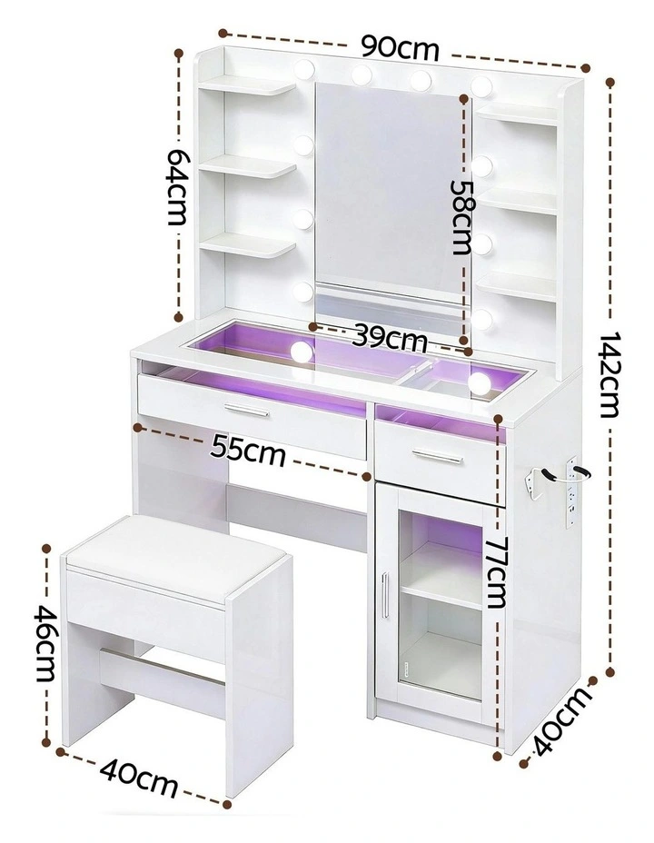 Dressing Table Vanity Desk Set 10 LED Bulbs RGB Light in White image 4