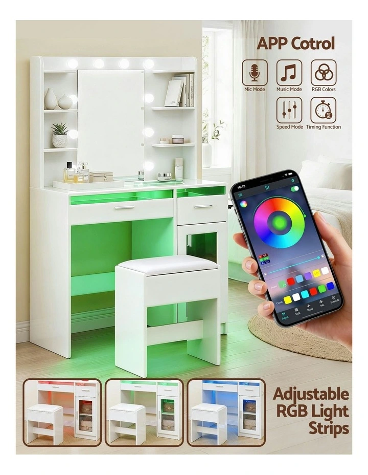 Dressing Table Vanity Desk Set 10 LED Bulbs RGB Light in White image 6