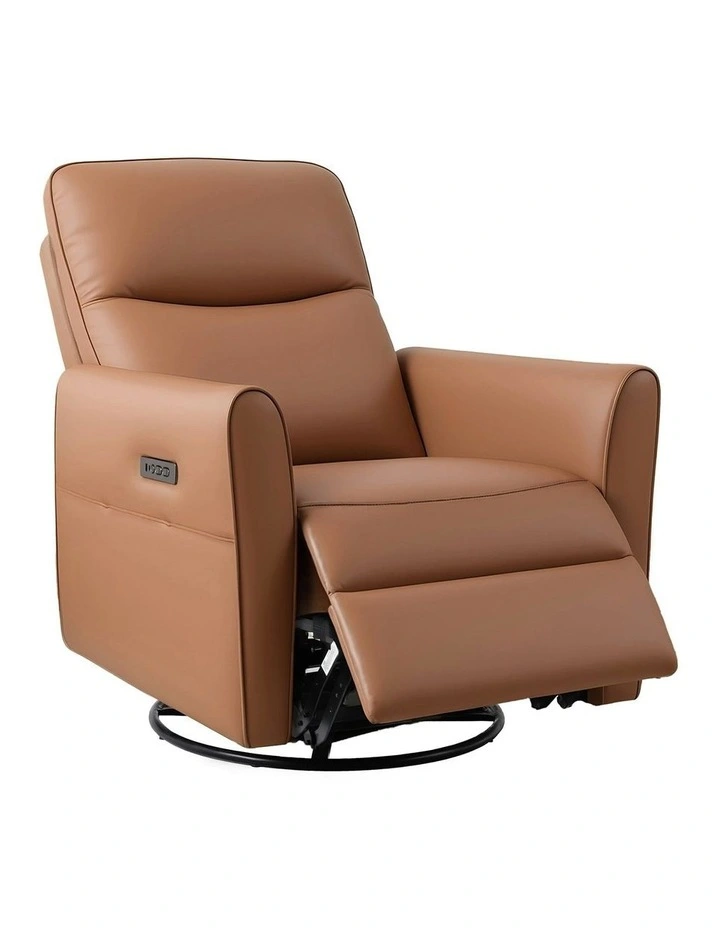 Leather Rocking Reclining Sofa with Charging Ports LED Swivel Recliner Chair in Brown image 1