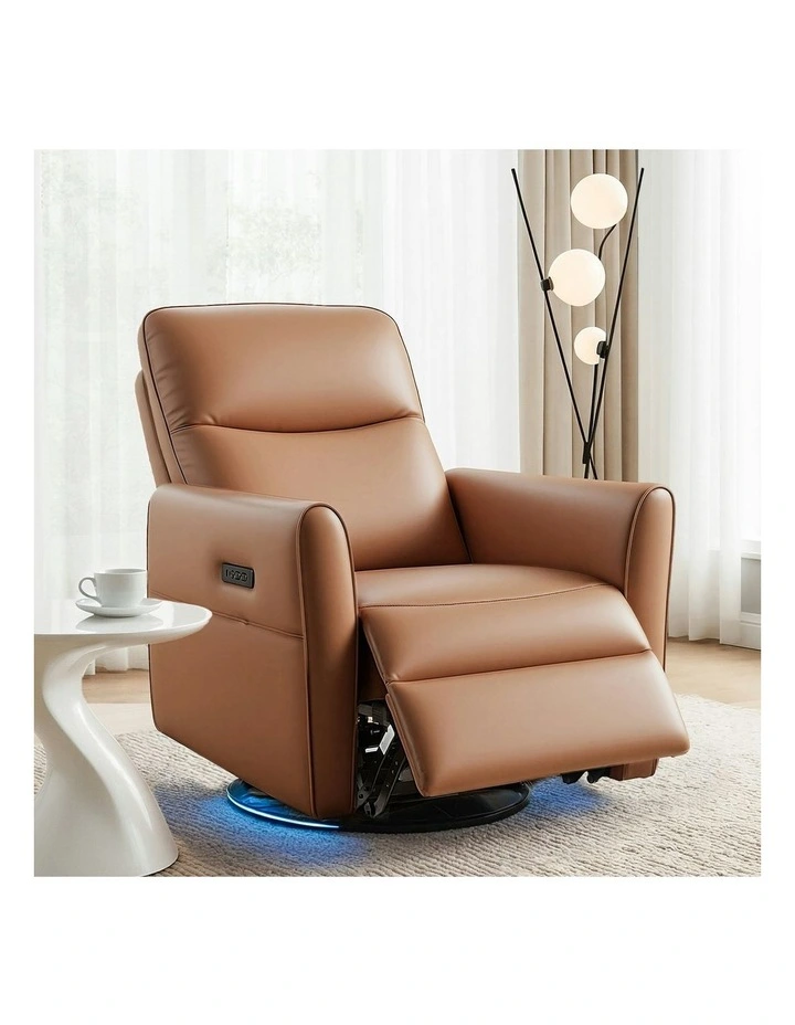 Leather Rocking Reclining Sofa with Charging Ports LED Swivel Recliner Chair in Brown image 3