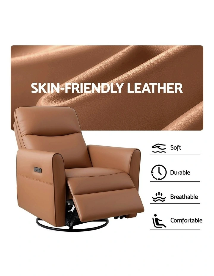 Leather Rocking Reclining Sofa with Charging Ports LED Swivel Recliner Chair in Brown image 6