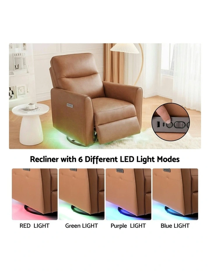 Leather Rocking Reclining Sofa with Charging Ports LED Swivel Recliner Chair in Brown image 7