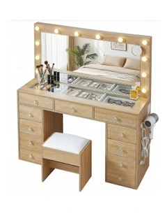 LED Bulbs Dressing Table Vanity Desk Stool Set in Wood