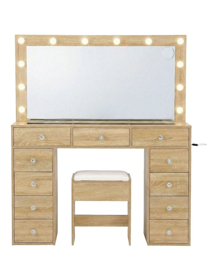 LED Bulbs Dressing Table Vanity Desk Stool Set in Wood image 2