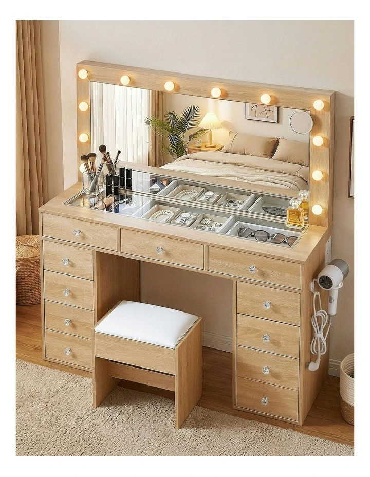 LED Bulbs Dressing Table Vanity Desk Stool Set in Wood image 3