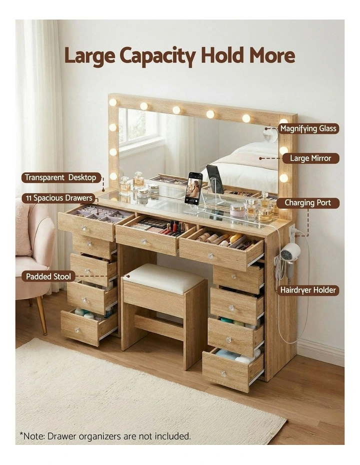 LED Bulbs Dressing Table Vanity Desk Stool Set in Wood image 6