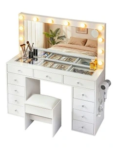 LED Bulbs Dressing Table Vanity Desk Stool Set in White