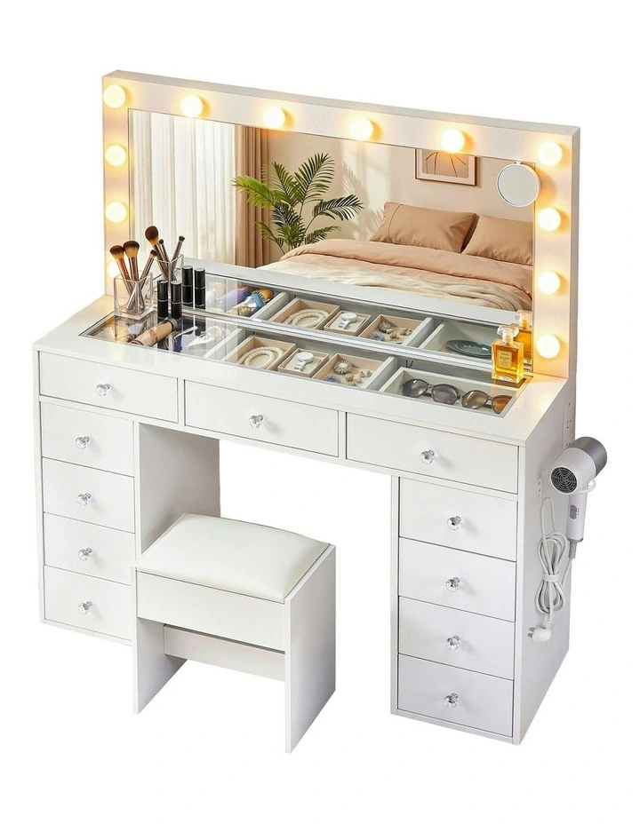 LED Bulbs Dressing Table Vanity Desk Stool Set in White image 1