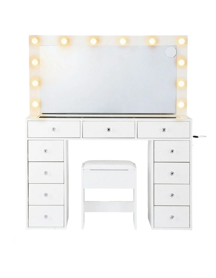 LED Bulbs Dressing Table Vanity Desk Stool Set in White image 2