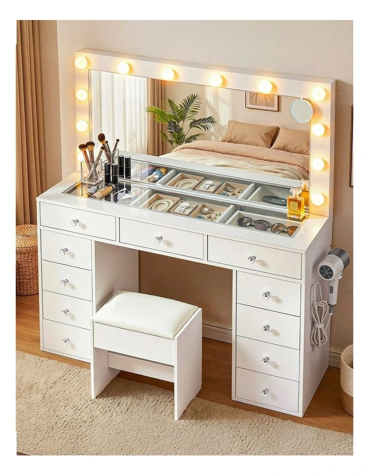 LED Bulbs Dressing Table Vanity Desk Stool Set in White image 3