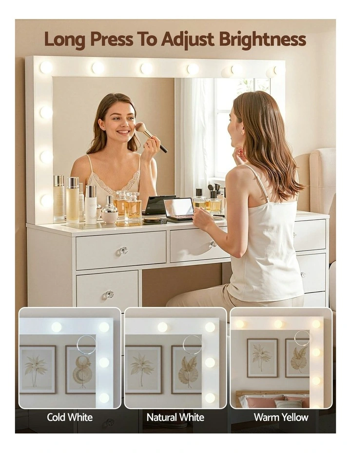 LED Bulbs Dressing Table Vanity Desk Stool Set in White image 5