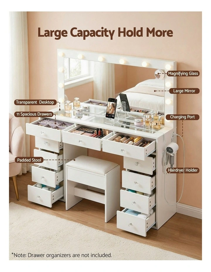 LED Bulbs Dressing Table Vanity Desk Stool Set in White image 6