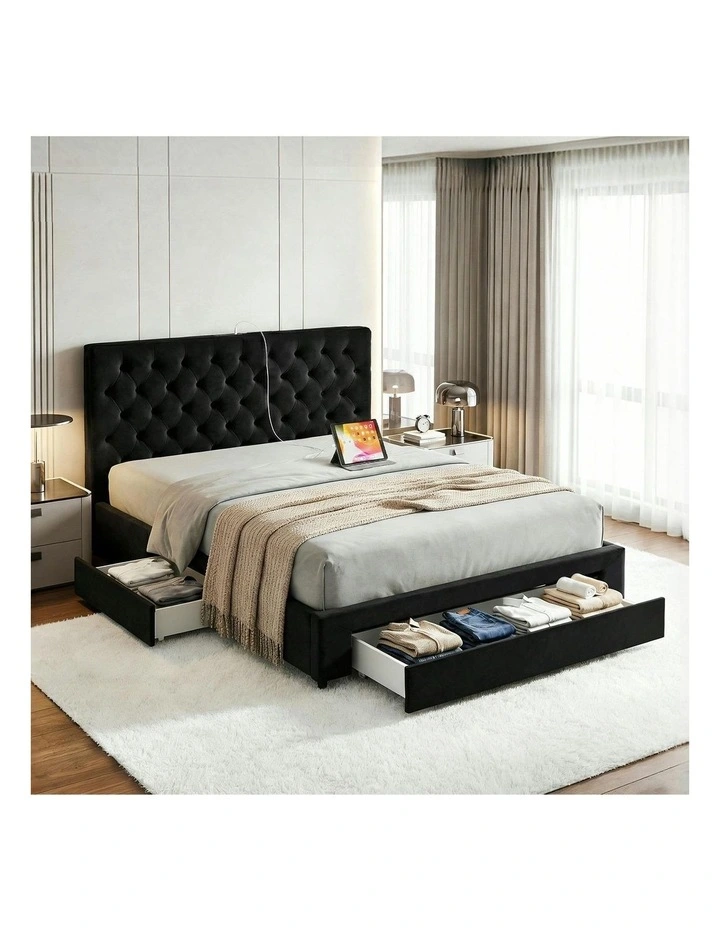 Charging Station USB Type-C Upholstered King Bed Frame Storage 3 Drawers in Black image 3