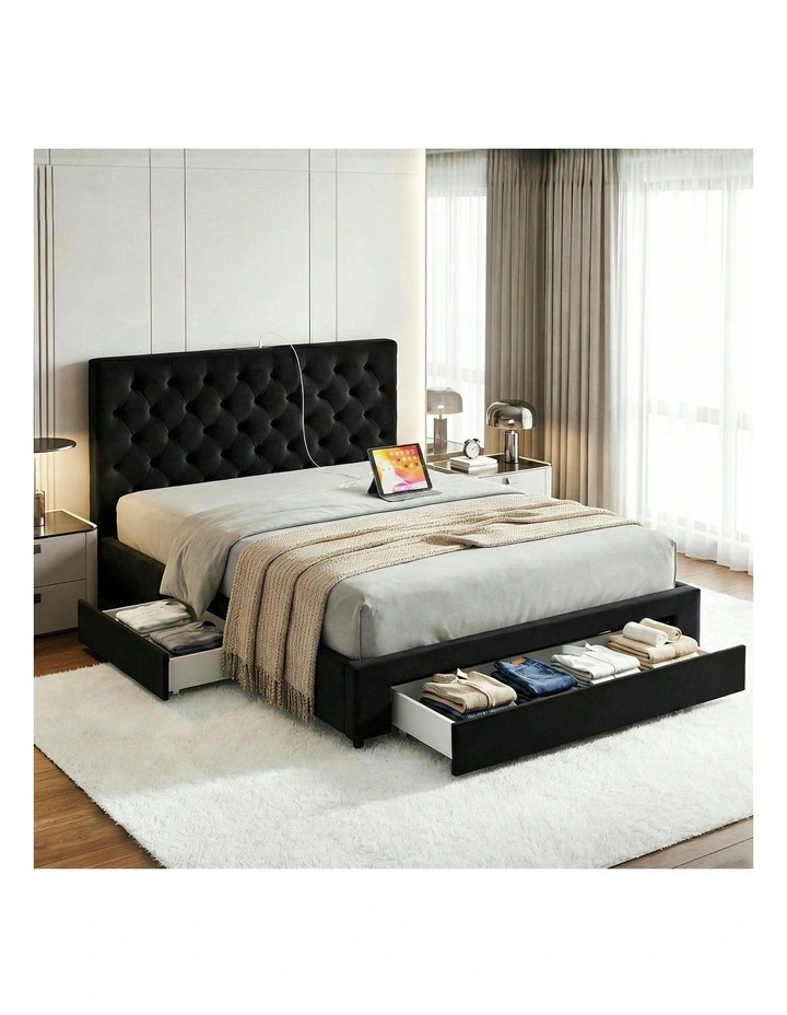 Charging Station Upholstered USB Type-C Queen Bed Frame Storage 3 Drawers in Black image 3