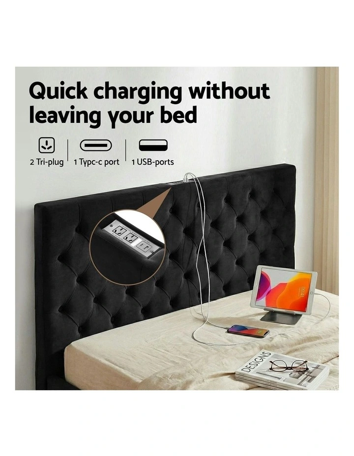 Charging Station Upholstered USB Type-C Queen Bed Frame Storage 3 Drawers in Black image 5