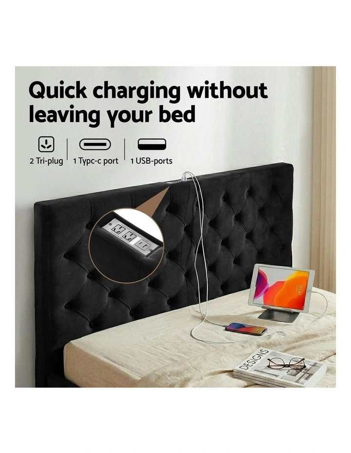 Upholstered USB Type-C Charging Station Double Bed Frame Storage 3 Drawers in Black image 5