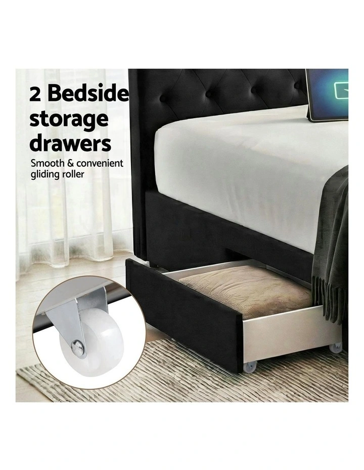 Upholstered USB Type-C Charging Station Double Bed Frame Storage 3 Drawers in Black image 6