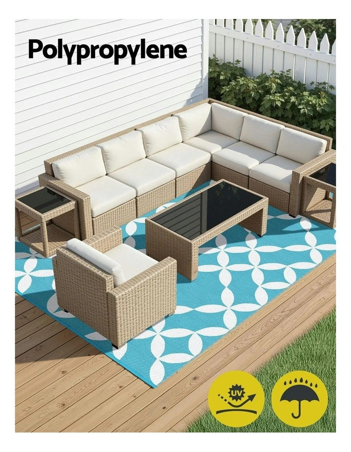 Large Carpet Reversible Area Mat PP Dual-Sided Patio Outdoor Rugs 274x366cm in Light Blue image 5
