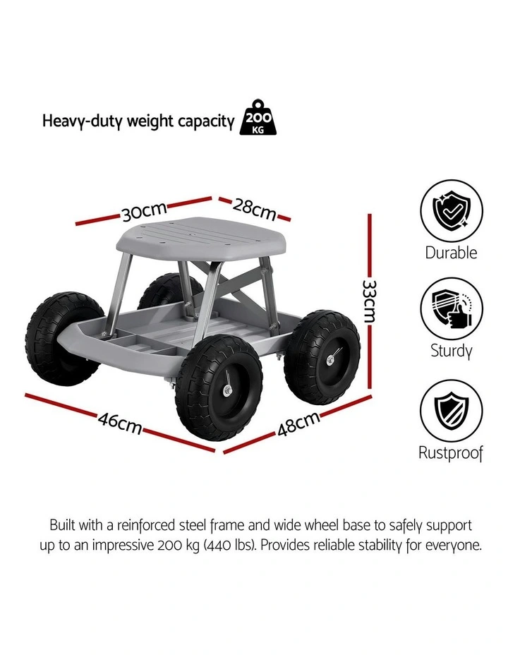 Garden Cart Seat Wheels Rolling Work Stool Tool Tray Heavy Duty 200kg image 4