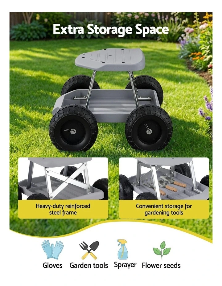 Garden Cart Seat Wheels Rolling Work Stool Tool Tray Heavy Duty 200kg image 6