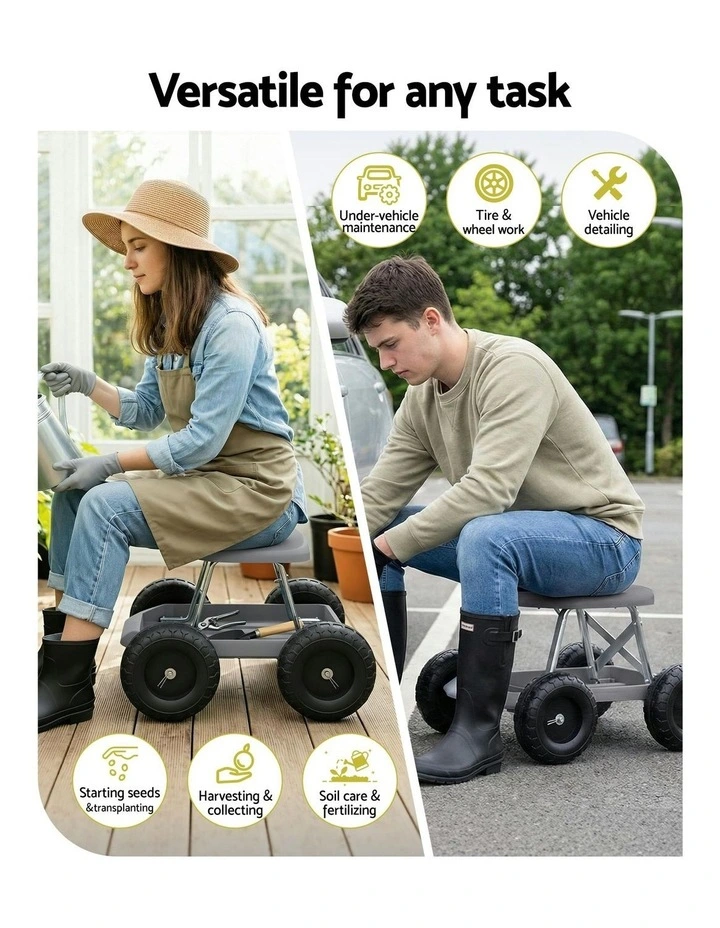 Garden Cart Seat Wheels Rolling Work Stool Tool Tray Heavy Duty 200kg image 5