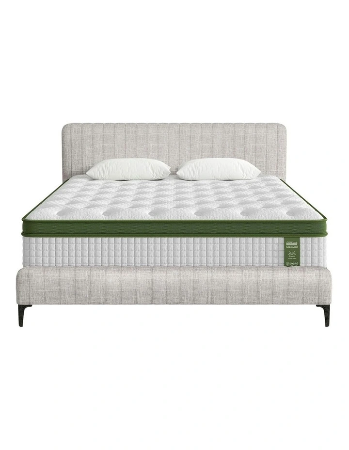 Platform Base Pocket Coil Linen Upholstered Queen Bed Frame with Mattress Set in White image 1