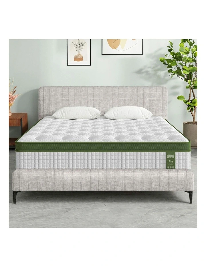 Platform Base Pocket Coil Linen Upholstered Queen Bed Frame with Mattress Set in White image 3