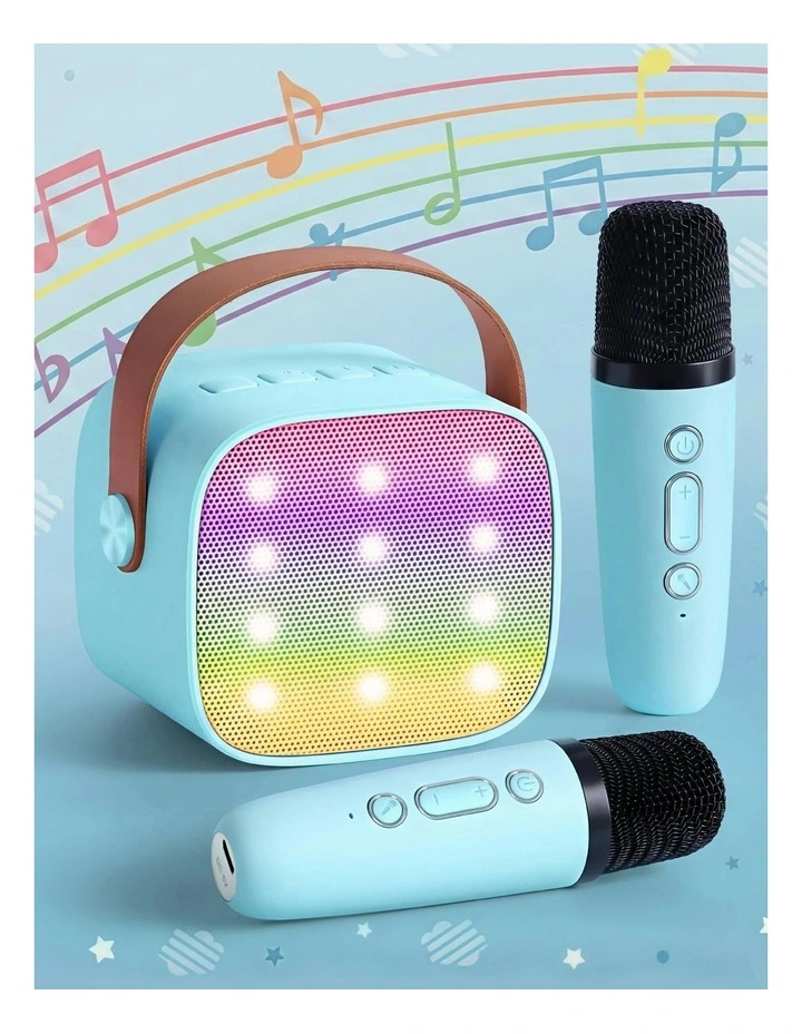 Mini Portable Karaoke Machine with 2 Wireless Microphones in Blue image 3