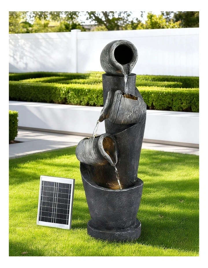 Water Feature Cascading 3-Tier Pot LED Lights Solar Fountain 80CM in Grey image 3