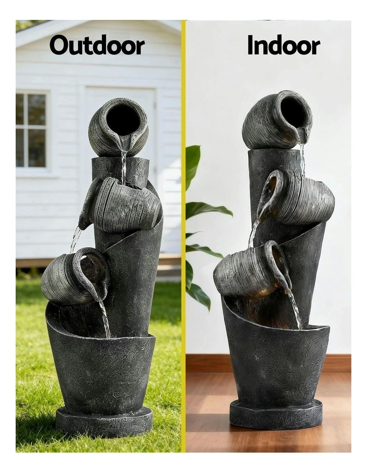 Water Feature Cascading 3-Tier Pot LED Lights Solar Fountain 80CM in Grey image 5