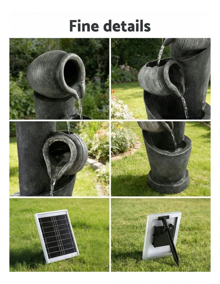 Water Feature Cascading 3-Tier Pot LED Lights Solar Fountain 80CM in Grey image 7