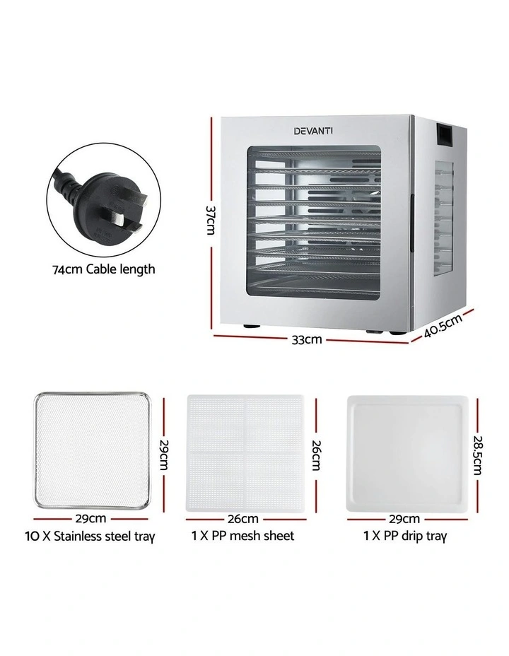 10 Trays Stainless Steel Visible Glass Door 850W Food Dehydrator image 4