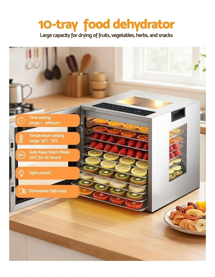 10 Trays Stainless Steel Visible Glass Door 850W Food Dehydrator image 5