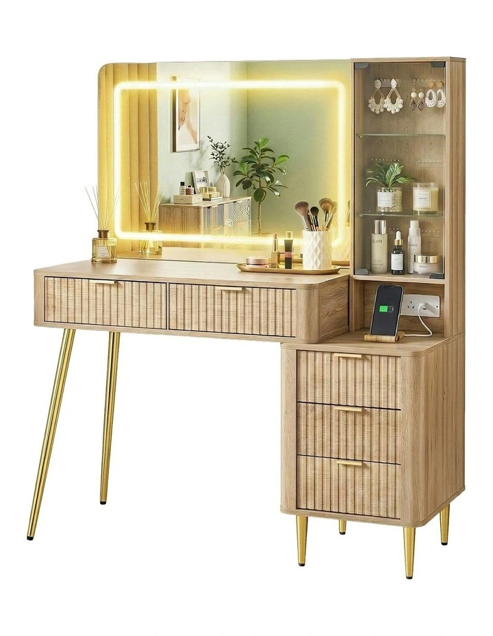 LED Vanity Desk Charging Station Dressing Table in Wood image 1