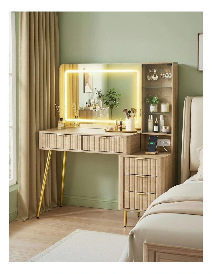 LED Vanity Desk Charging Station Dressing Table in Wood image 3