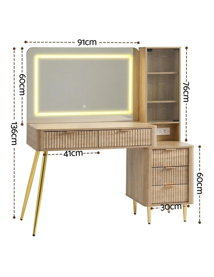 LED Vanity Desk Charging Station Dressing Table in Wood image 4
