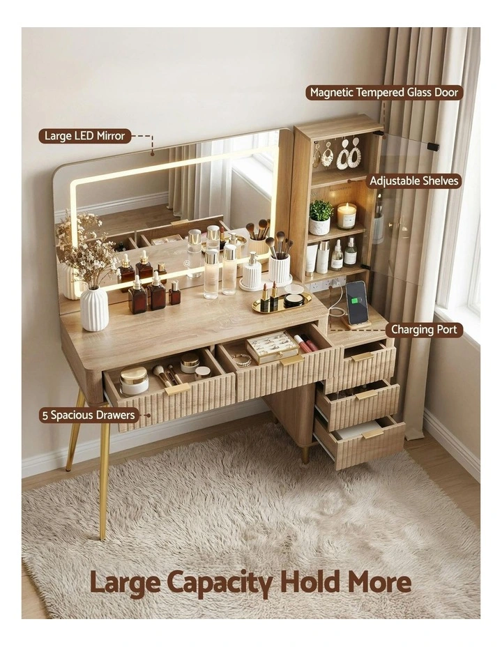 LED Vanity Desk Charging Station Dressing Table in Wood image 6