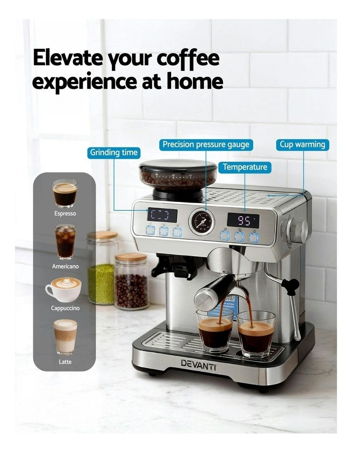 Espresso Latte Maker With Grinder Milk Frother Steam Wand Coffee Machine image 5