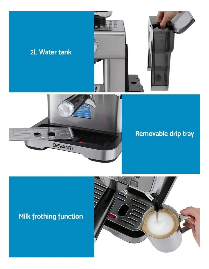 Espresso Latte Maker With Grinder Milk Frother Steam Wand Coffee Machine image 7