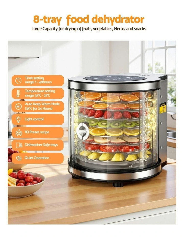 8 Trays Stainless Steel Auto-Rotate 10 Programs 700W Food Dehydrator image 5