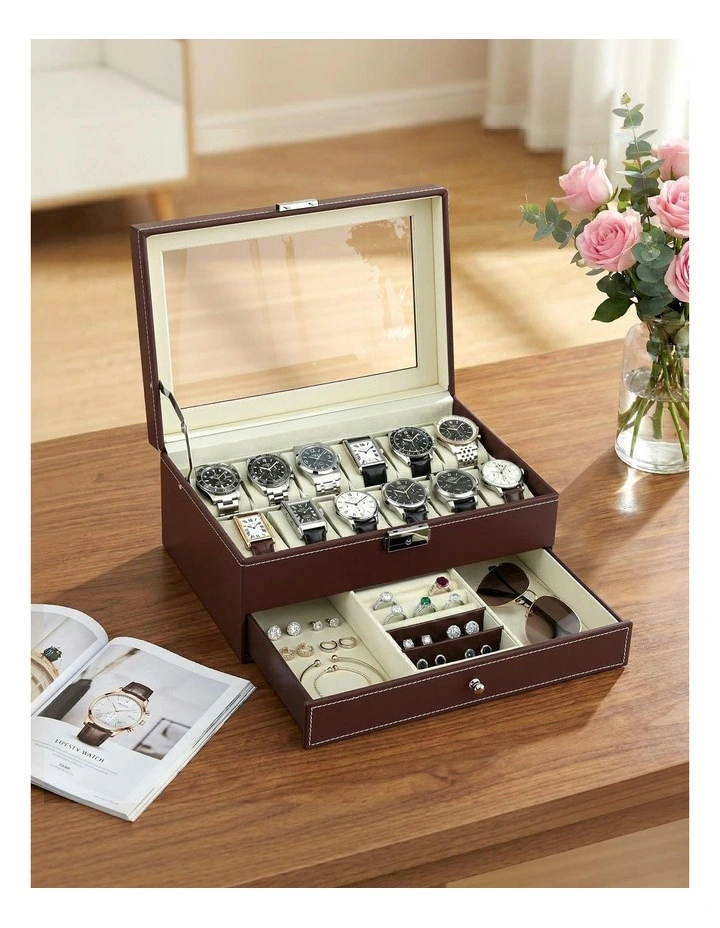 12 Grids Watch Organizer Jewelry Display Storage Box in Brown image 3