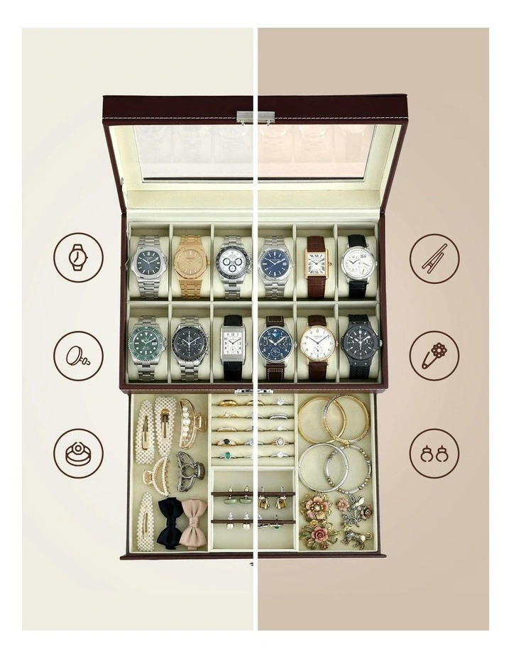 12 Grids Watch Organizer Jewelry Display Storage Box in Brown image 6