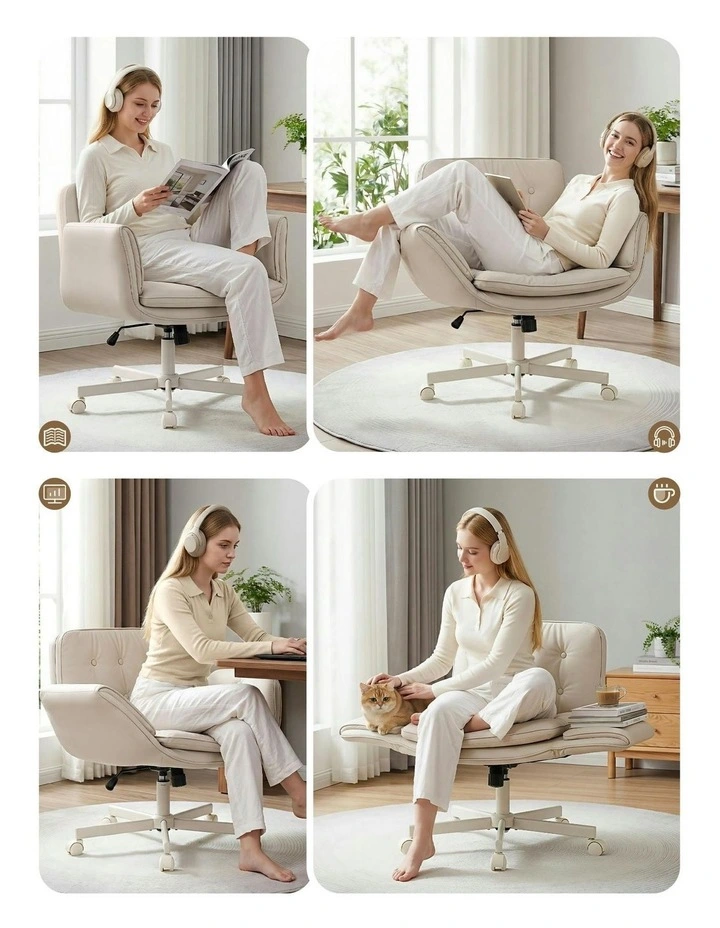 Wheels & Adjustable Armrests Criss Cross Legged Office Chair in Beige image 5