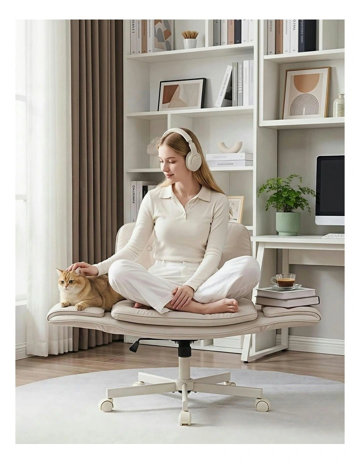 Wheels & Adjustable Armrests Criss Cross Legged Office Chair in Beige image 6