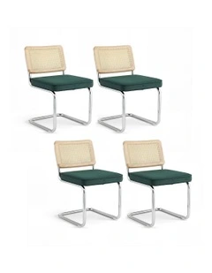 Velvet Rattan Cantilever Dining Chairs Set of 4 in Green