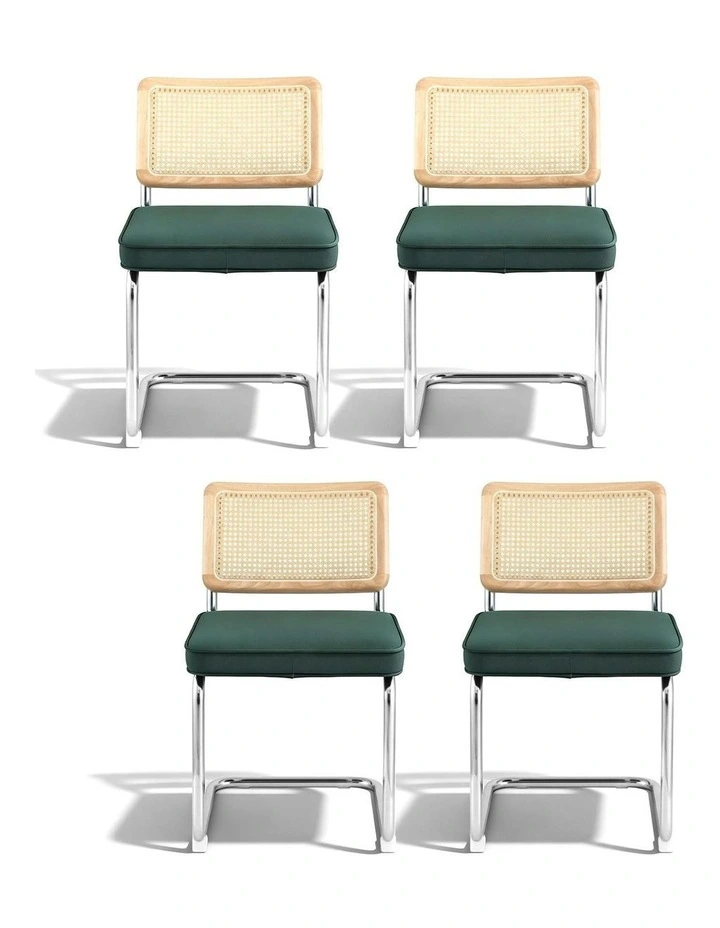 Velvet Rattan Cantilever Dining Chairs Set of 4 in Green image 2