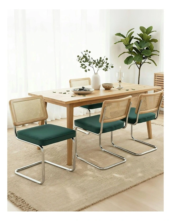 Velvet Rattan Cantilever Dining Chairs Set of 4 in Green image 3
