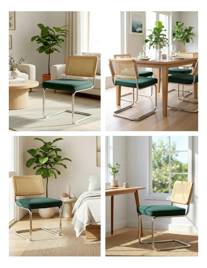 Velvet Rattan Cantilever Dining Chairs Set of 4 in Green image 6