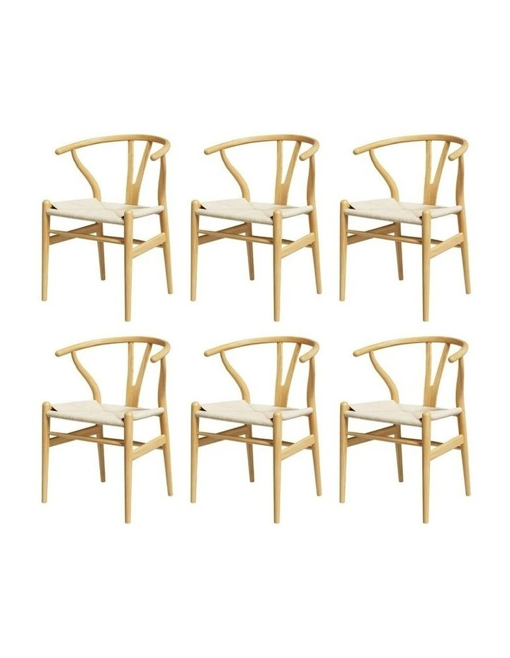 Wooden Rattan Seat Wishbone Back 1 Set of 6 Dining Chairs in Natural image 1
