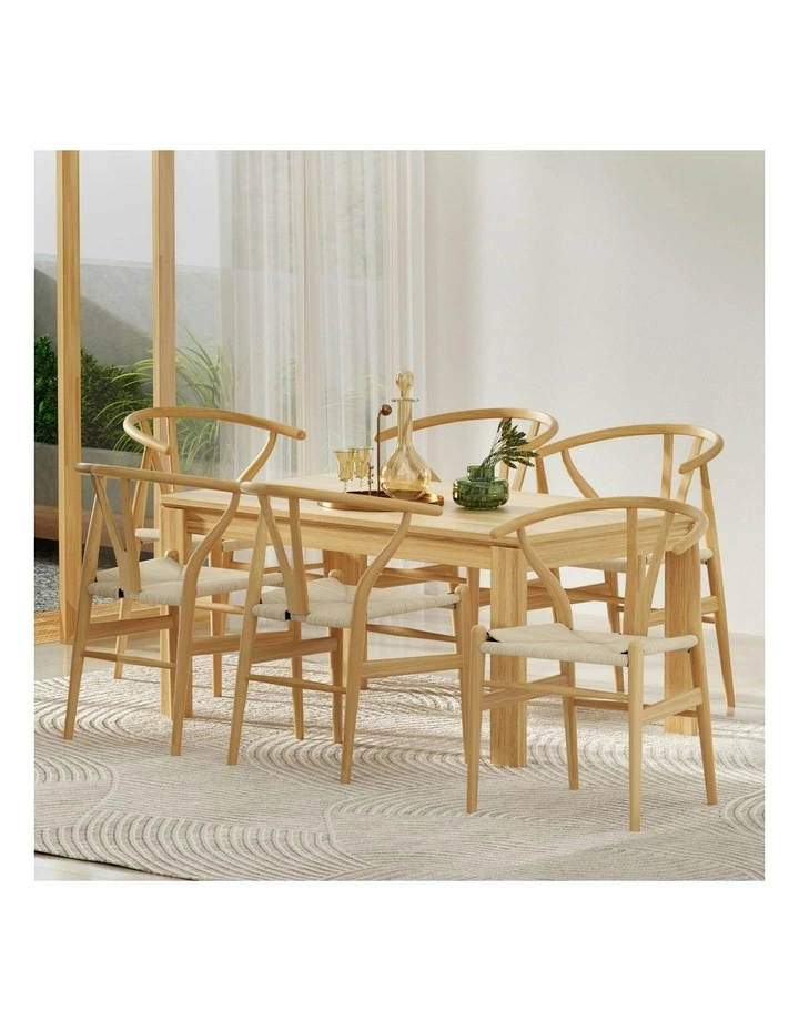 Wooden Rattan Seat Wishbone Back 1 Set of 6 Dining Chairs in Natural image 3